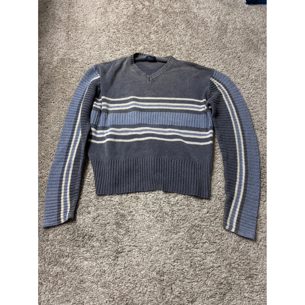 Vintage MK Sweaters Blue Grey Striped V-Neck Knit Pullover Ramie Cotton Medium